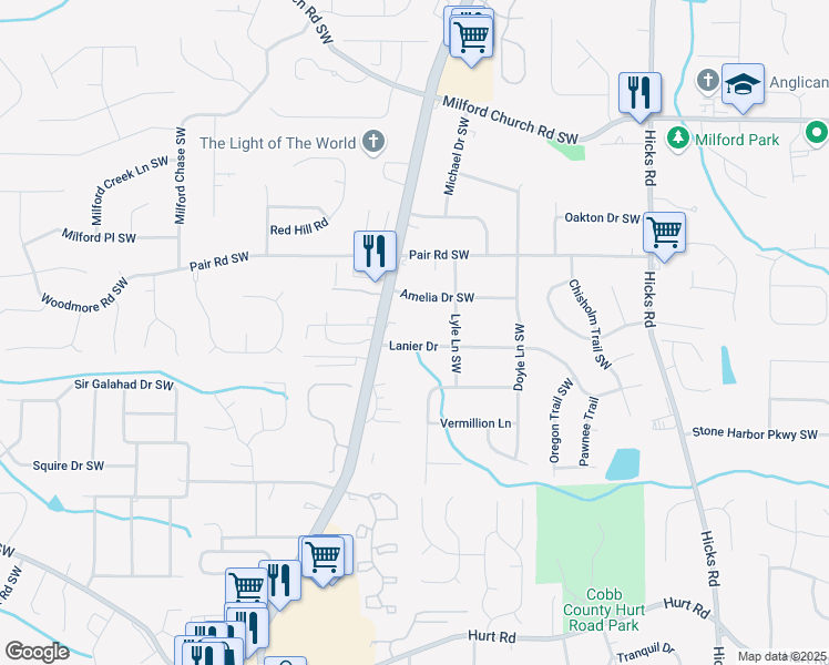 map of restaurants, bars, coffee shops, grocery stores, and more near 3247 Austell Road Southwest in Marietta