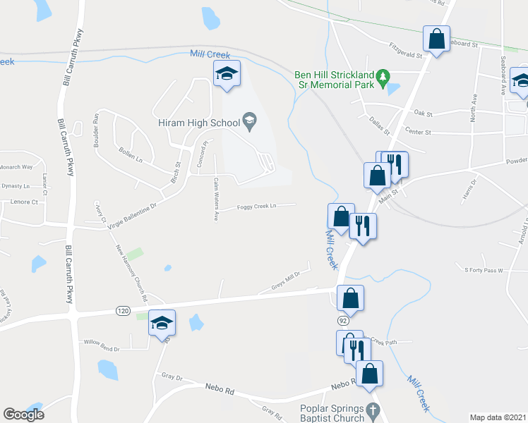 map of restaurants, bars, coffee shops, grocery stores, and more near 162 Foggy Creek Lane in Hiram
