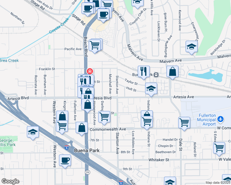 map of restaurants, bars, coffee shops, grocery stores, and more near 5941 Stanton Avenue in Buena Park