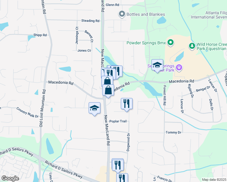 map of restaurants, bars, coffee shops, grocery stores, and more near 4149 Macedonia Road in Powder Springs