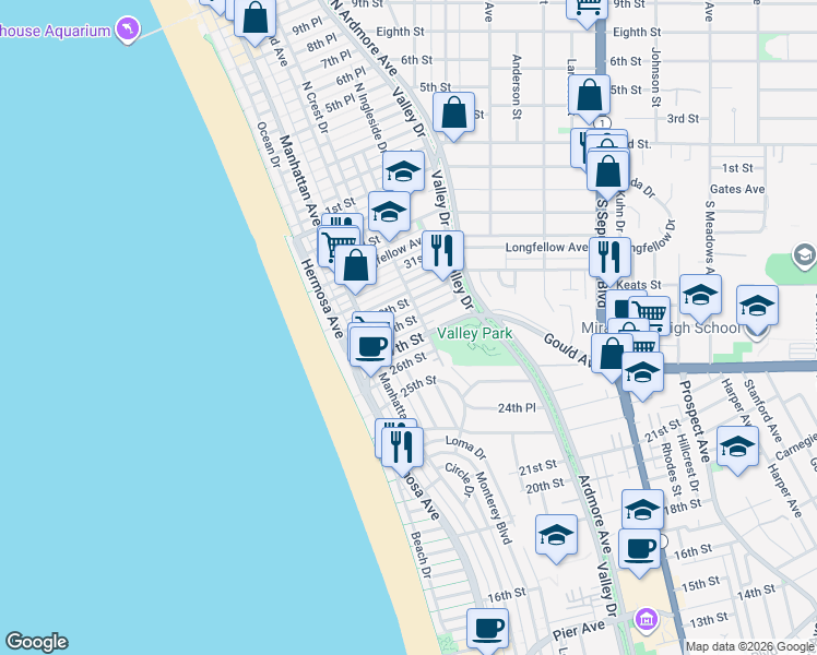 map of restaurants, bars, coffee shops, grocery stores, and more near 330 28th Street in Hermosa Beach