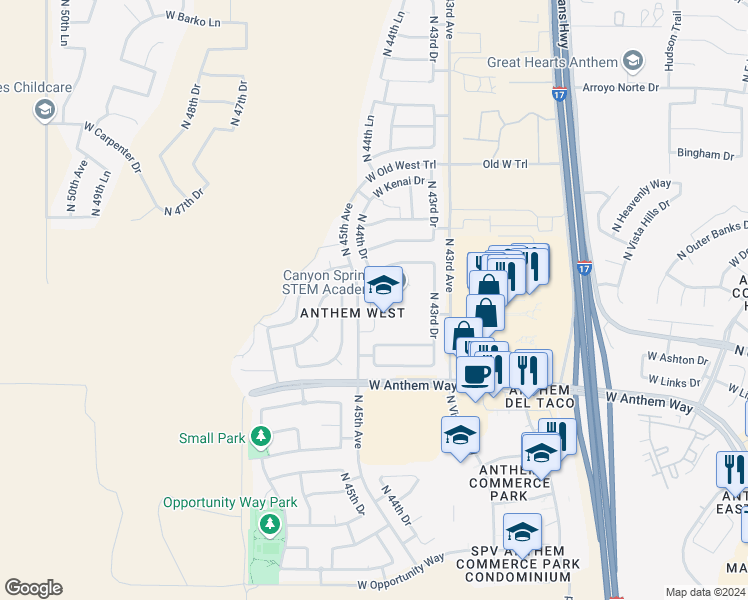 map of restaurants, bars, coffee shops, grocery stores, and more near 42901 North 45th Drive in Phoenix