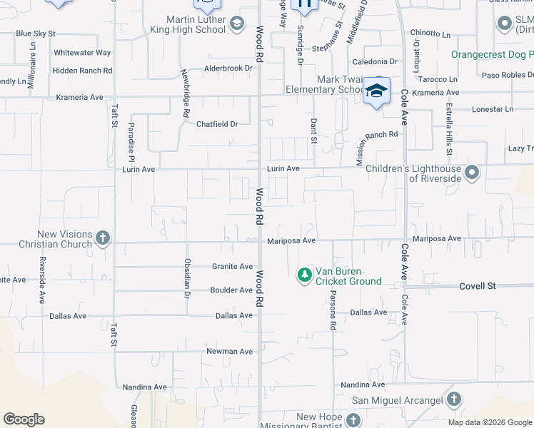 map of restaurants, bars, coffee shops, grocery stores, and more near 16900 Wood Road in Riverside