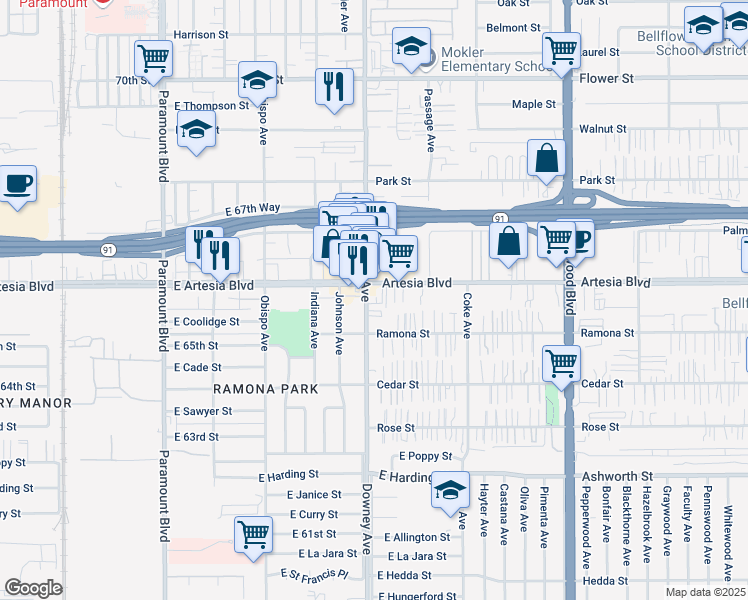 map of restaurants, bars, coffee shops, grocery stores, and more near 8514 Artesia Boulevard in Bellflower