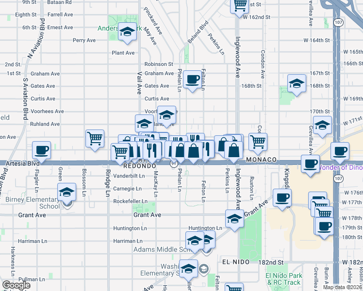 map of restaurants, bars, coffee shops, grocery stores, and more near 2501 Mathews Avenue in Redondo Beach