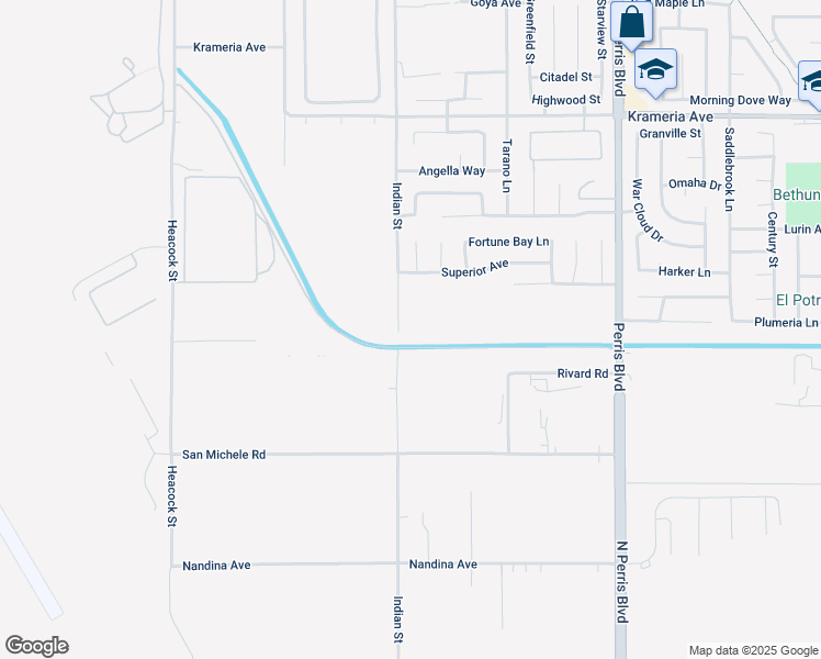 map of restaurants, bars, coffee shops, grocery stores, and more near 16958 Indian Street in Moreno Valley
