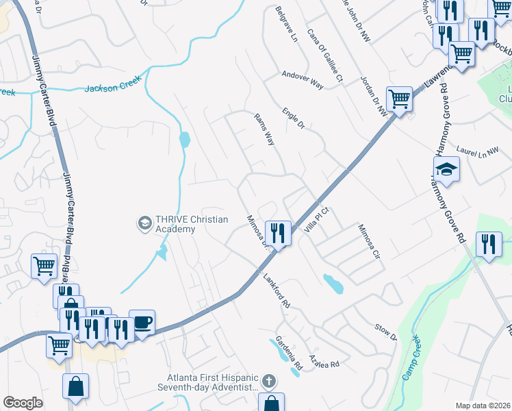map of restaurants, bars, coffee shops, grocery stores, and more near 289 Triple Oaks Drive in Tucker
