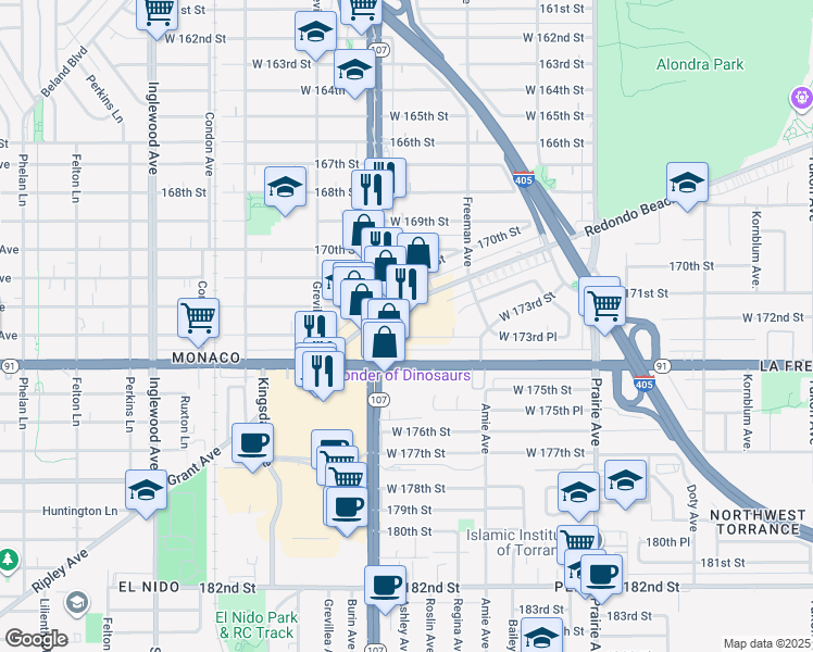 map of restaurants, bars, coffee shops, grocery stores, and more near 4230 Redondo Beach Boulevard in Torrance