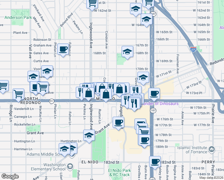 map of restaurants, bars, coffee shops, grocery stores, and more near 4619 West 173rd Street in Lawndale