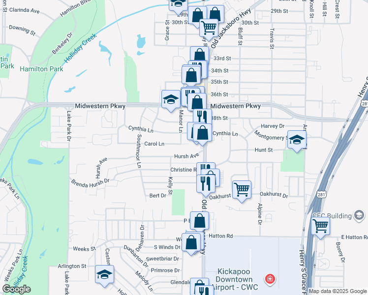 map of restaurants, bars, coffee shops, grocery stores, and more near 1508 Carol Lane in Wichita Falls