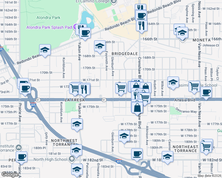 map of restaurants, bars, coffee shops, grocery stores, and more near 17209 Glenburn Avenue in Torrance