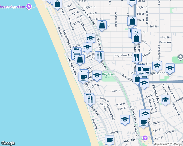 map of restaurants, bars, coffee shops, grocery stores, and more near 318 29th Court in Hermosa Beach