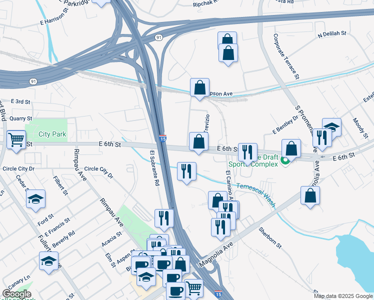 map of restaurants, bars, coffee shops, grocery stores, and more near in Corona