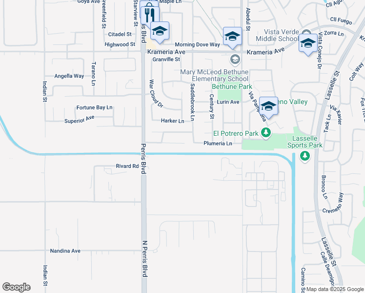 map of restaurants, bars, coffee shops, grocery stores, and more near 25189 Slate Creek Drive in Moreno Valley