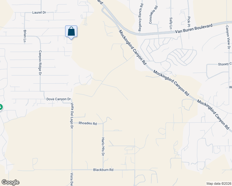 map of restaurants, bars, coffee shops, grocery stores, and more near 16541 Mockingbird Canyon Road in Riverside