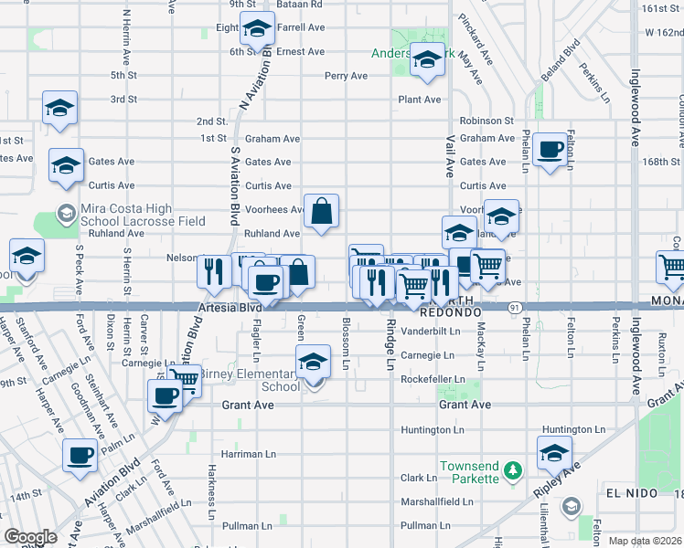 map of restaurants, bars, coffee shops, grocery stores, and more near 2016 Nelson Avenue in Redondo Beach