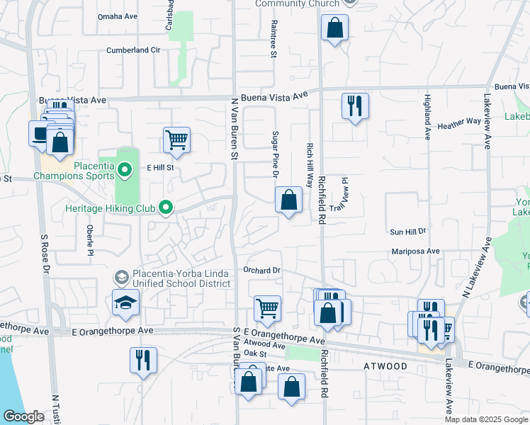map of restaurants, bars, coffee shops, grocery stores, and more near 1740 Pierce Lane in Placentia