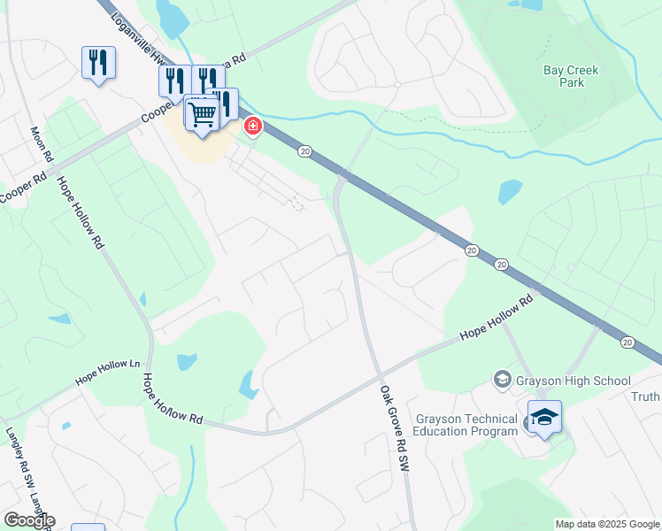 map of restaurants, bars, coffee shops, grocery stores, and more near 230 Wild Barley Way in Loganville
