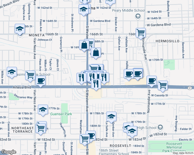 map of restaurants, bars, coffee shops, grocery stores, and more near 1713 Artesia Boulevard in Gardena