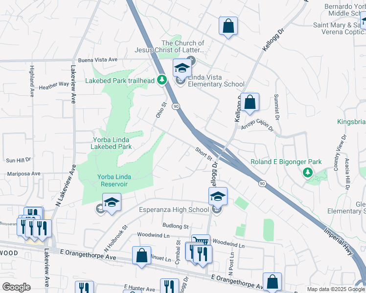 map of restaurants, bars, coffee shops, grocery stores, and more near 5993 Short Street in Yorba Linda
