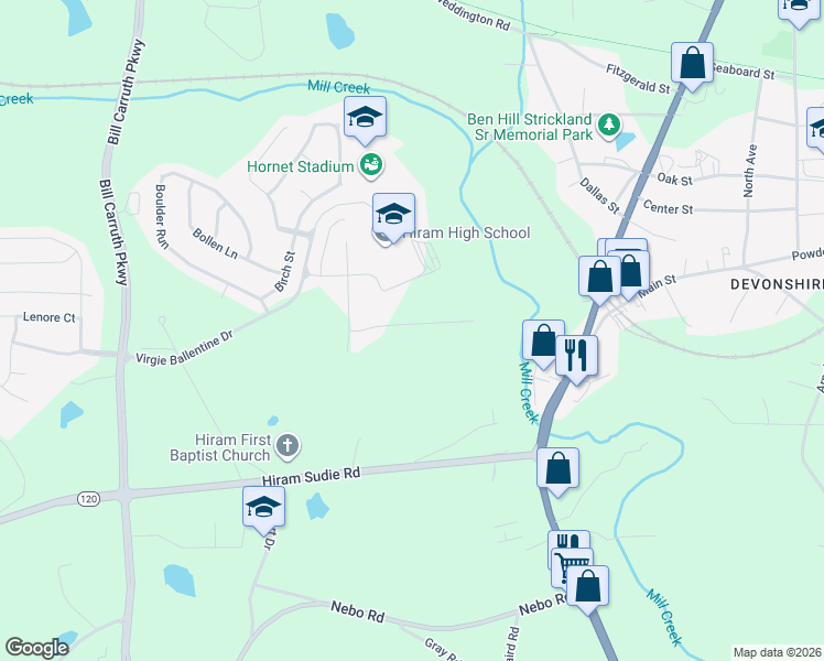 map of restaurants, bars, coffee shops, grocery stores, and more near 138 Foggy Creek Lane in Hiram