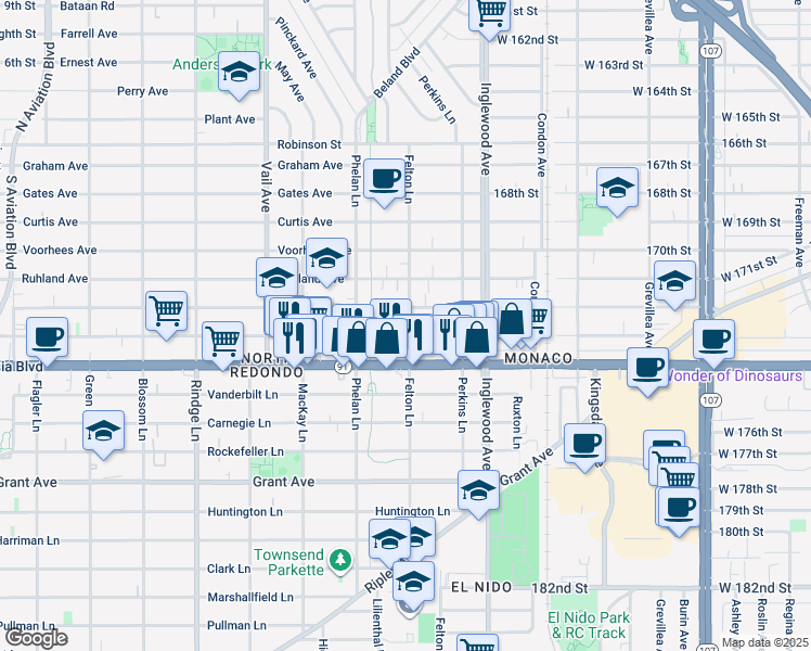 map of restaurants, bars, coffee shops, grocery stores, and more near 2103 Felton Lane in Redondo Beach