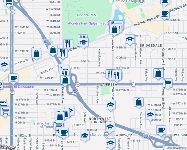 map of restaurants, bars, coffee shops, grocery stores, and more near 3717 West 172nd Street in Torrance