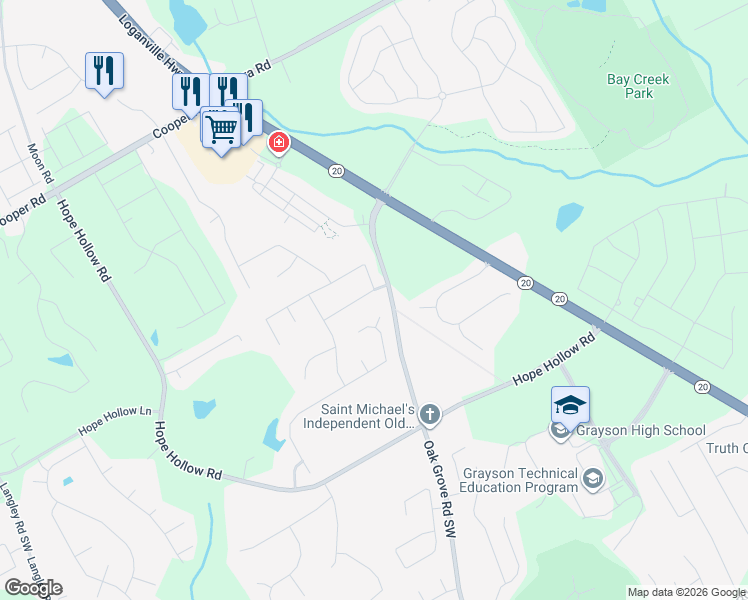 map of restaurants, bars, coffee shops, grocery stores, and more near 235 Wild Barley Way in Loganville