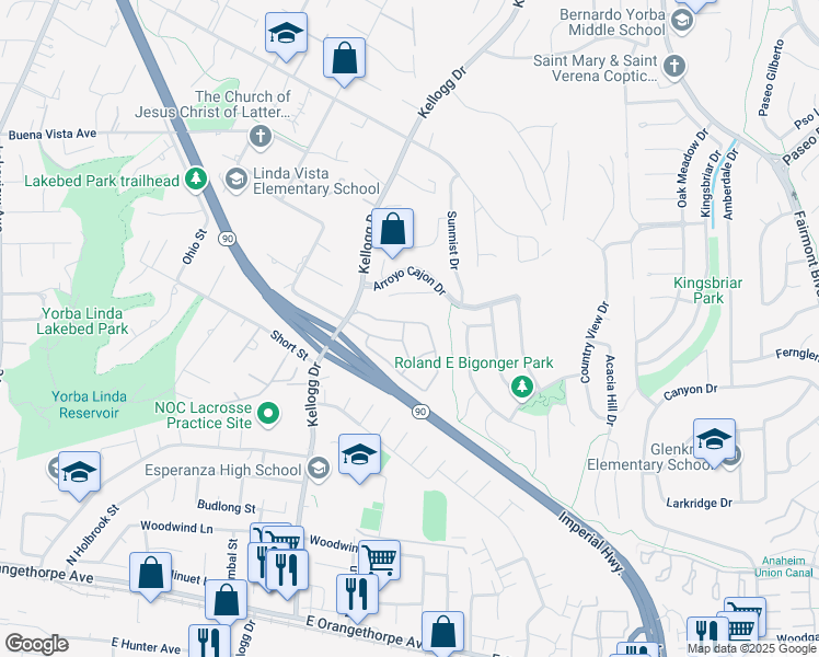 map of restaurants, bars, coffee shops, grocery stores, and more near 19106 Alamo Lane in Yorba Linda