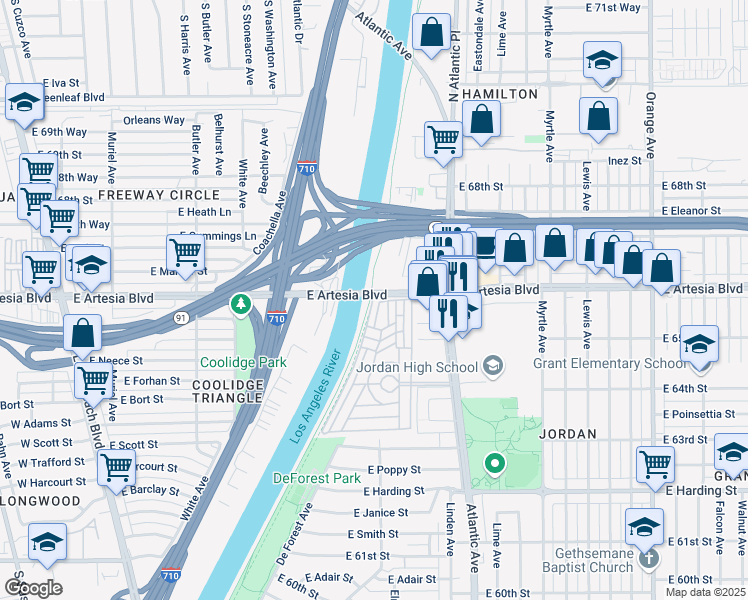 map of restaurants, bars, coffee shops, grocery stores, and more near in Long Beach