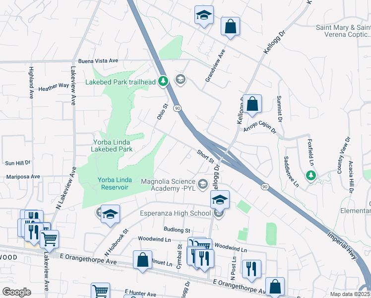map of restaurants, bars, coffee shops, grocery stores, and more near 5993 Short Street in Yorba Linda