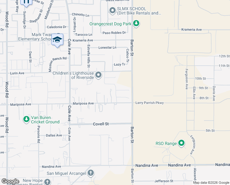 map of restaurants, bars, coffee shops, grocery stores, and more near 19820 Mariposa Avenue in Riverside