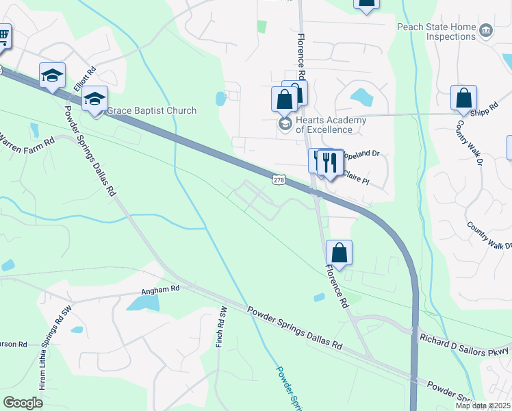map of restaurants, bars, coffee shops, grocery stores, and more near 3366 Thornbridge Drive in Powder Springs