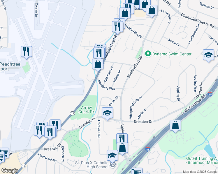 map of restaurants, bars, coffee shops, grocery stores, and more near 2364 Woodside Way in Chamblee