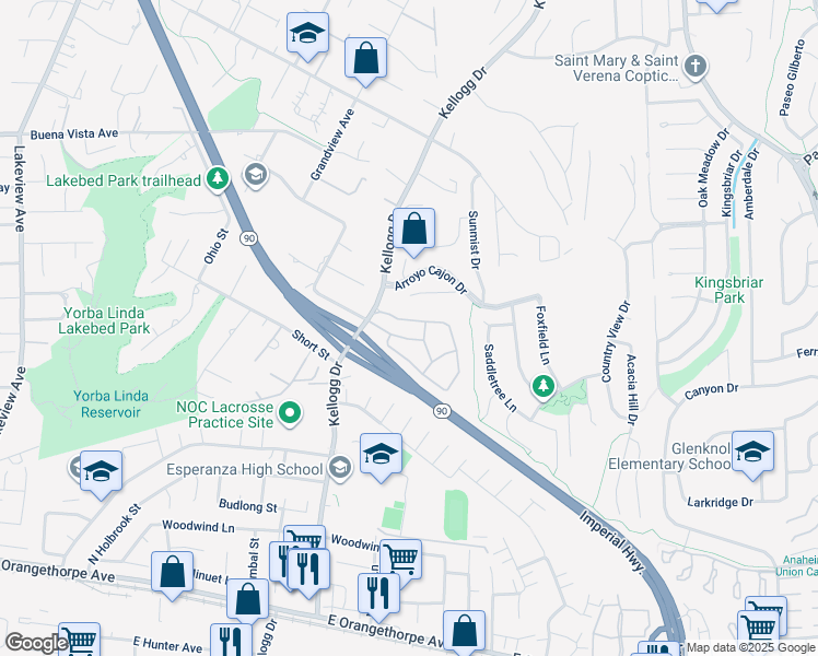 map of restaurants, bars, coffee shops, grocery stores, and more near 19076 Alamo Lane in Yorba Linda