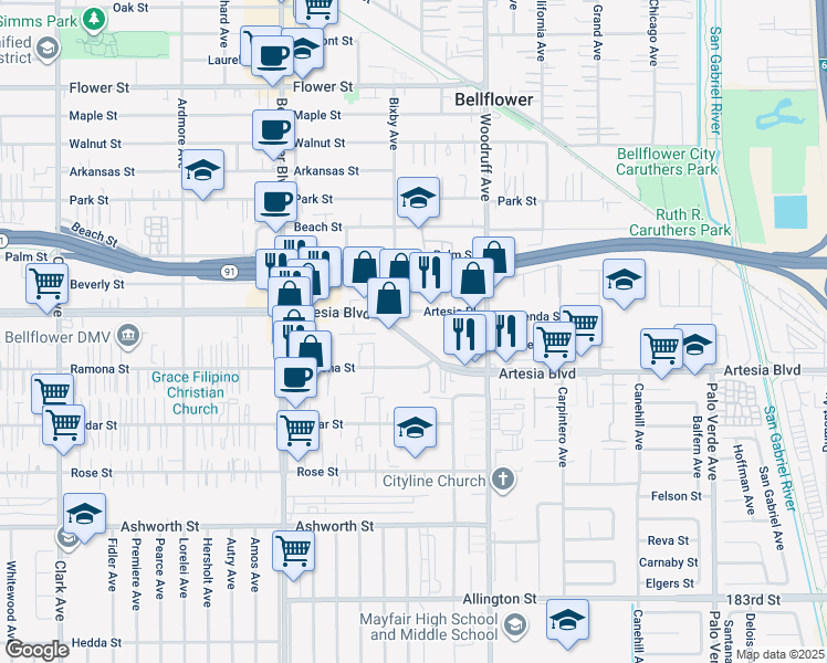 map of restaurants, bars, coffee shops, grocery stores, and more near 10009 Artesia Boulevard in Bellflower