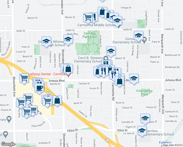 map of restaurants, bars, coffee shops, grocery stores, and more near 13202 Aclare Street in Cerritos