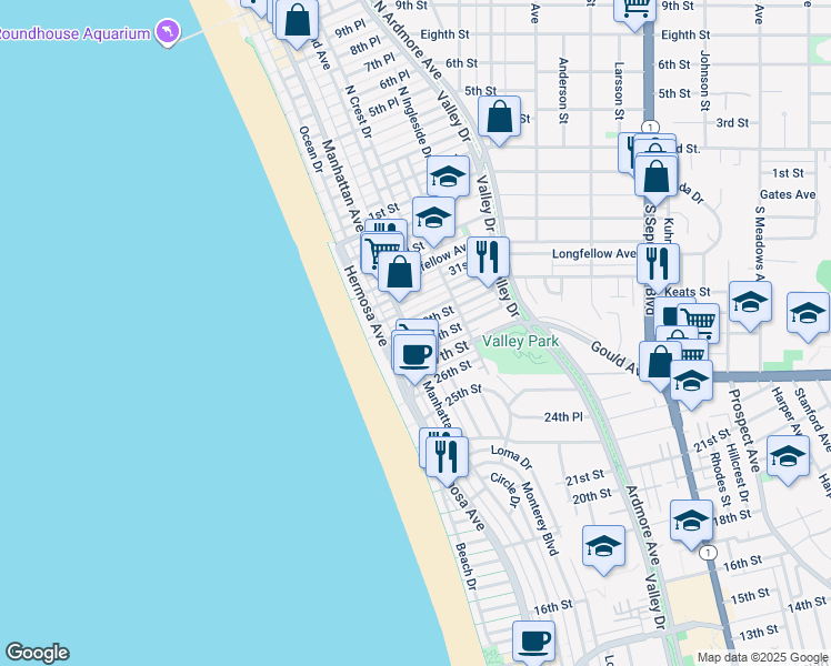 map of restaurants, bars, coffee shops, grocery stores, and more near 208 29th Street in Hermosa Beach