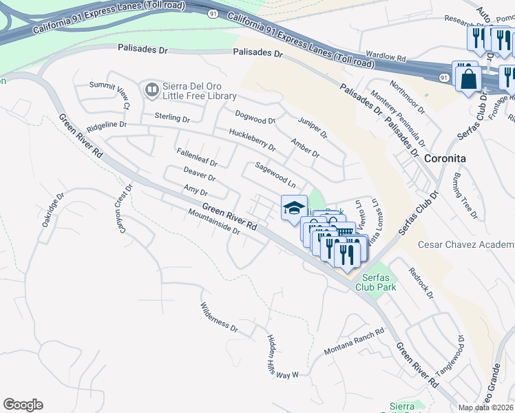 map of restaurants, bars, coffee shops, grocery stores, and more near 3160 Puesta Del Sol Court in Corona