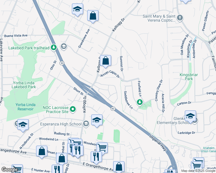 map of restaurants, bars, coffee shops, grocery stores, and more near 19076 Alamo Lane in Yorba Linda