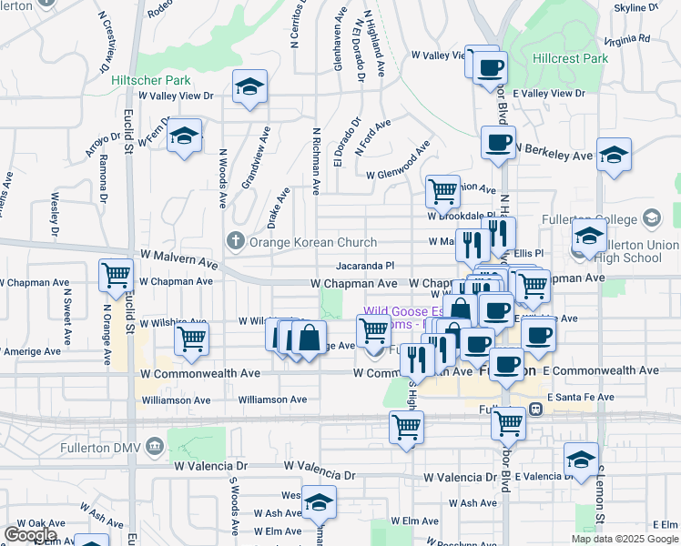map of restaurants, bars, coffee shops, grocery stores, and more near 413 Jacaranda Place in Fullerton