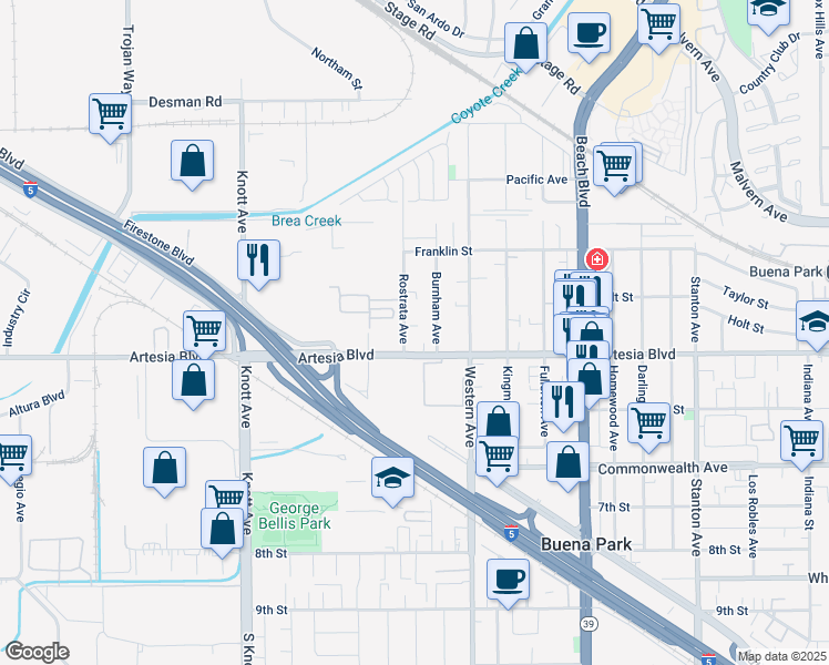 map of restaurants, bars, coffee shops, grocery stores, and more near 5924 Rostrata Avenue in Buena Park