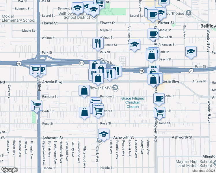 map of restaurants, bars, coffee shops, grocery stores, and more near 9438 Artesia Boulevard in Bellflower