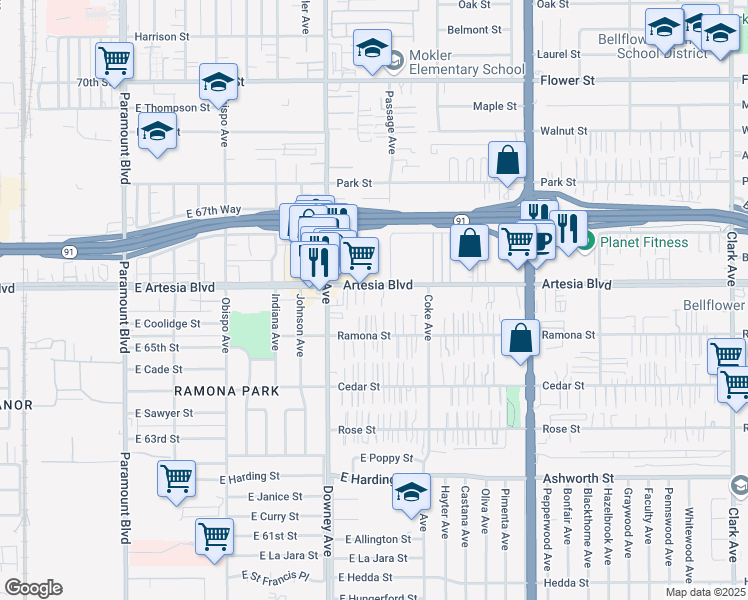 map of restaurants, bars, coffee shops, grocery stores, and more near 8564 Artesia Boulevard in Bellflower