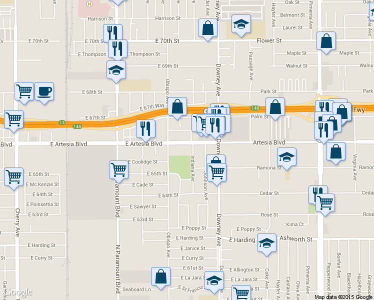 map of restaurants, bars, coffee shops, grocery stores, and more near 3300 East Artesia Boulevard in Long Beach