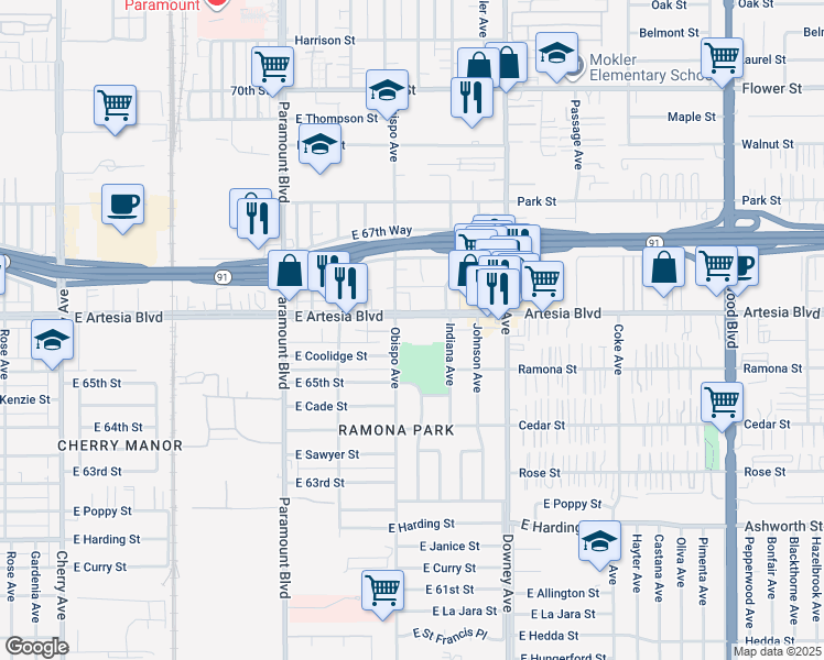 map of restaurants, bars, coffee shops, grocery stores, and more near 3232 East Artesia Boulevard in Long Beach