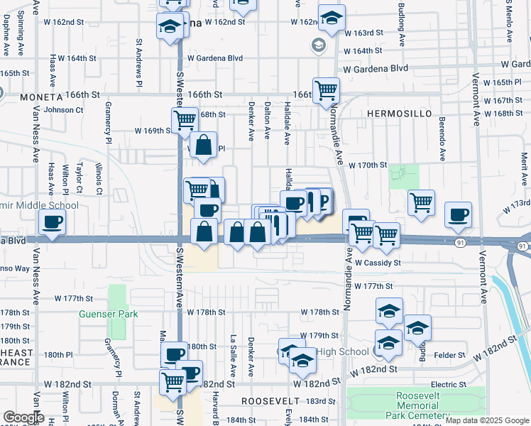map of restaurants, bars, coffee shops, grocery stores, and more near 1519 West 173rd Street in Gardena