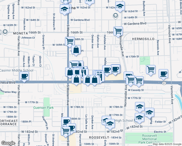 map of restaurants, bars, coffee shops, grocery stores, and more near 17305 Denker Avenue in Gardena