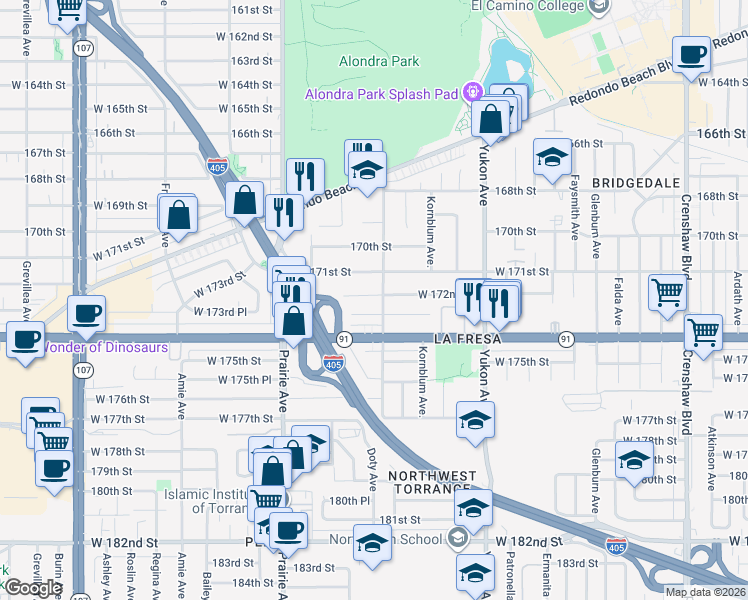 map of restaurants, bars, coffee shops, grocery stores, and more near 3749 West 172nd Street in Torrance