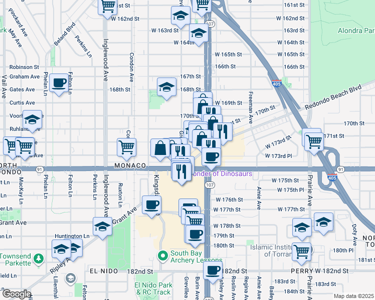 map of restaurants, bars, coffee shops, grocery stores, and more near 4450 West 172nd Street in Lawndale